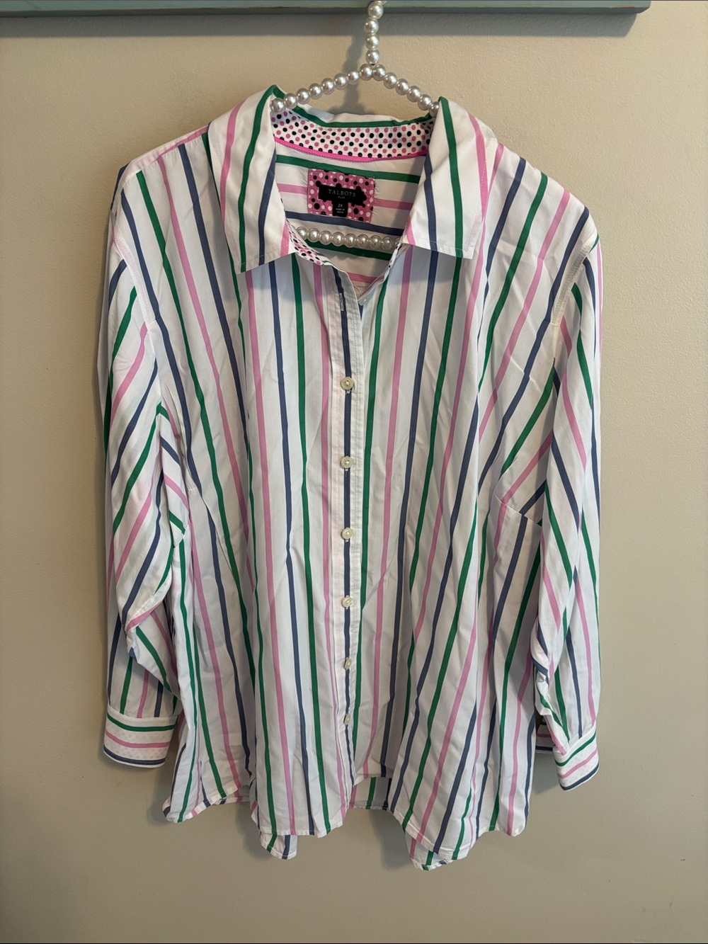 Talbots Womens 2X Shirt Cotton Multicolor Stripe Button Down Polka Dot Trim Top